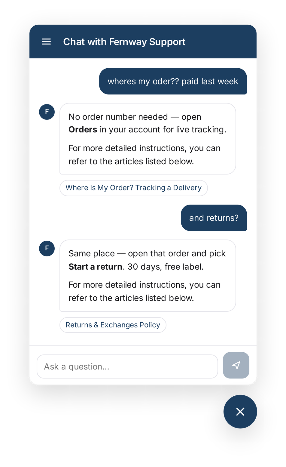 Karas answering a misspelled question about a late order, then a one-line follow-up about returns.