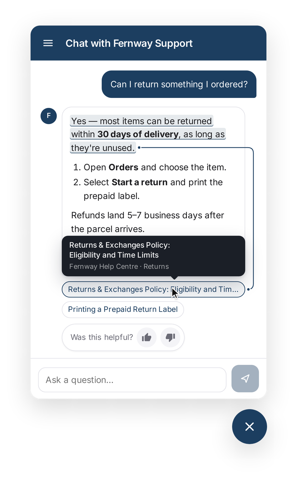 A Karas answer to a returns question, with numbered steps and citation pills naming the help articles it used.